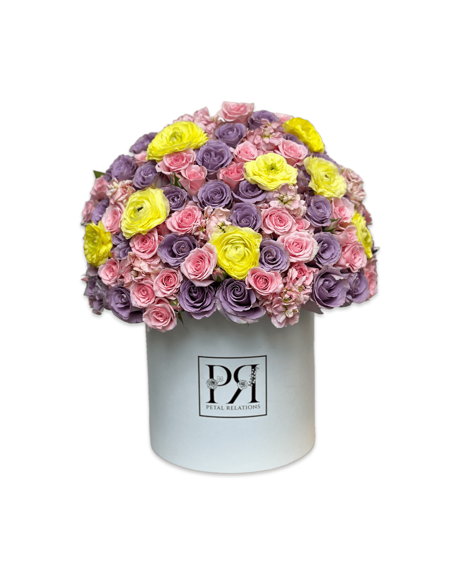 purple rpses yellow ranunculus pastel pink stock flowers Pastel Baby in a Box - Petal Relations